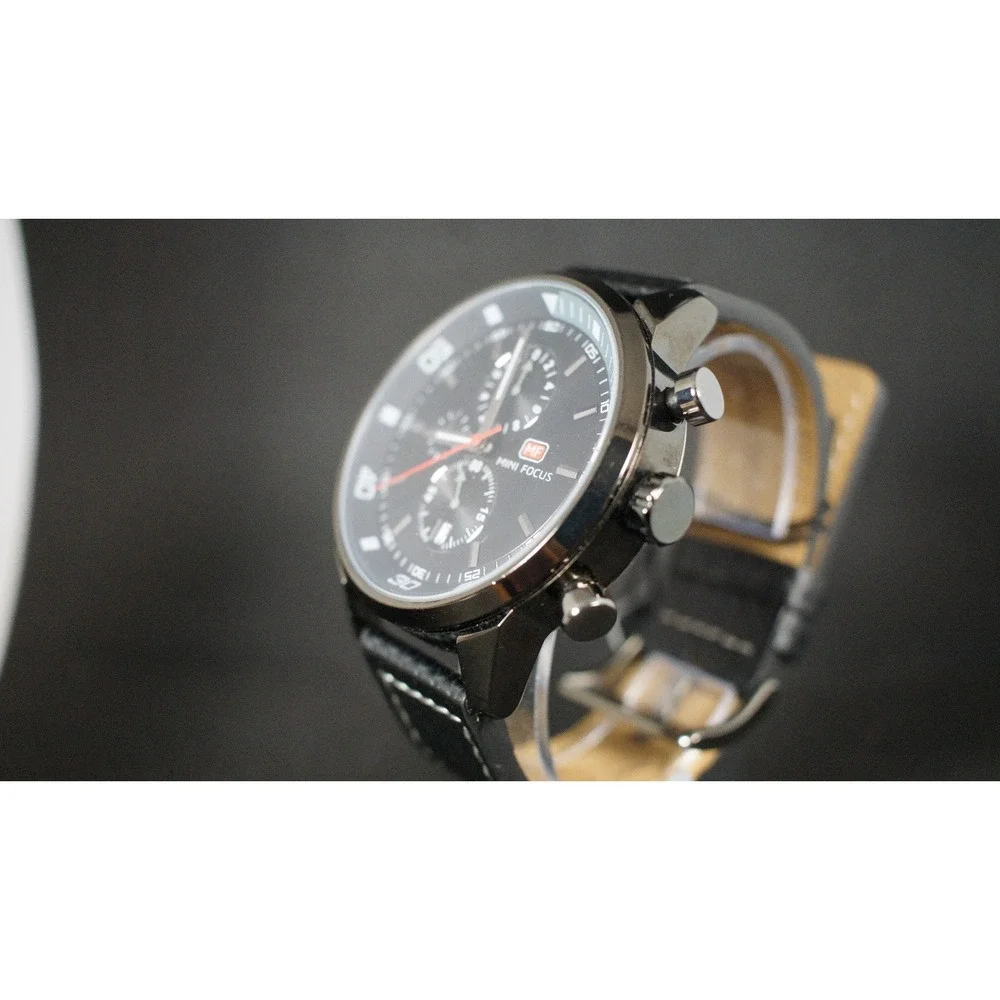 Mini Focus MF0017G Chronograph Quartz Watch 46mm Sport Black Leather Mens